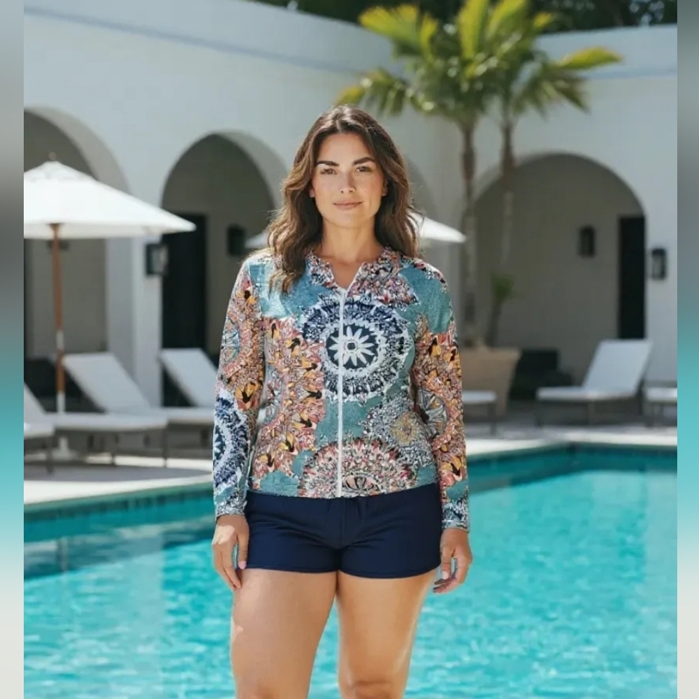 Women's Patterned Swim Top and Navy Shorts